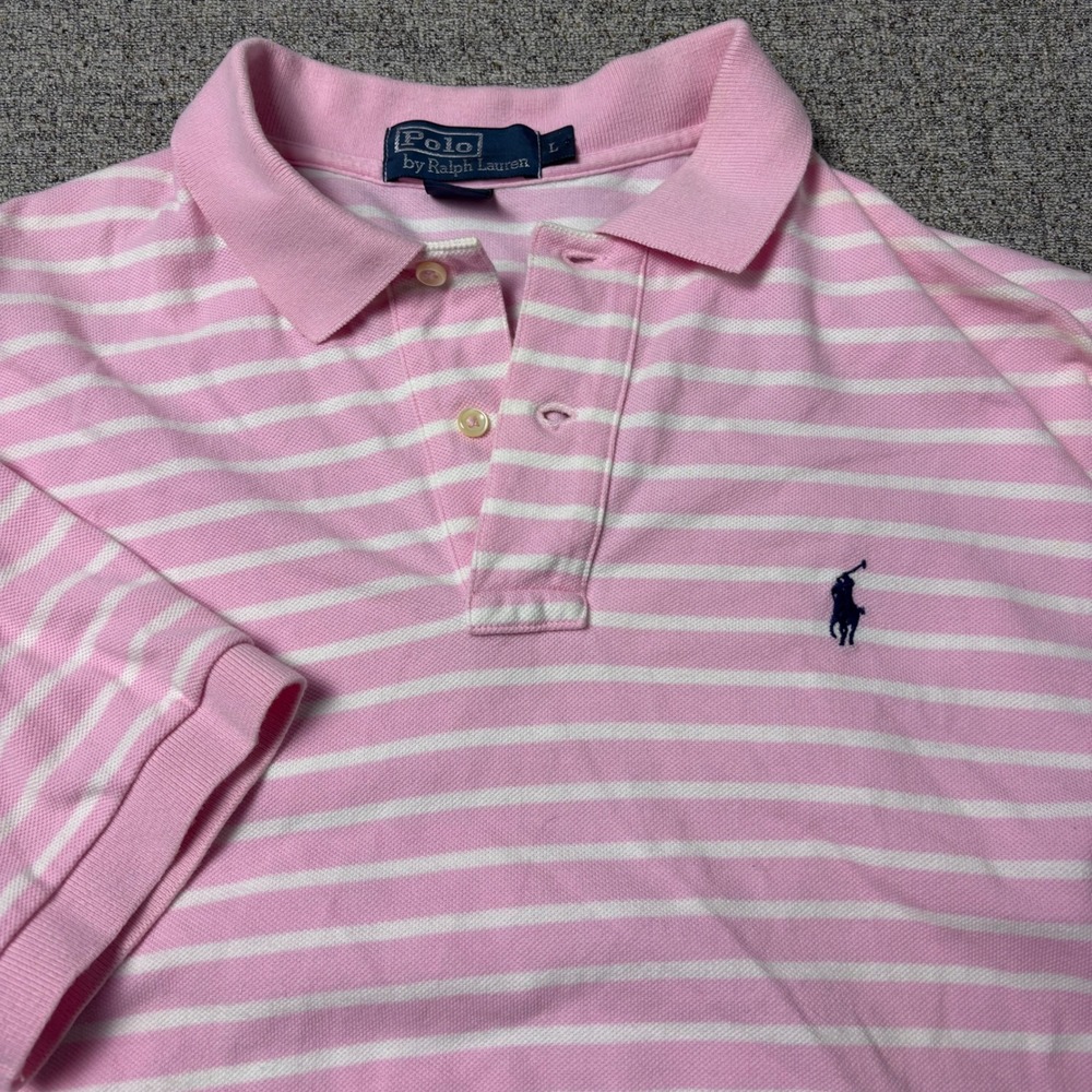 Polo Ralph Lauren Polo Shirt Mens L Classic Fit Pink White Striped Cotton Short
